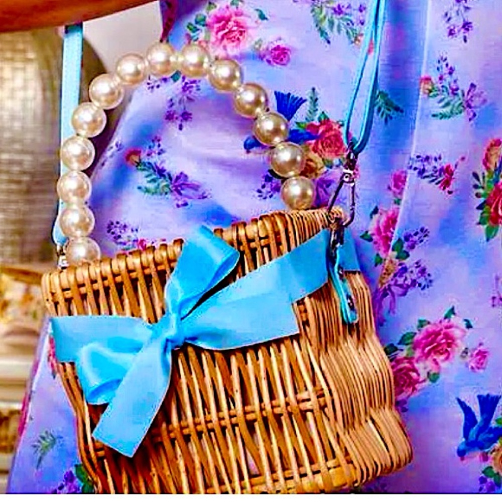 Dolls Kill Wicker Crossbody Bag with Blue Ribbon